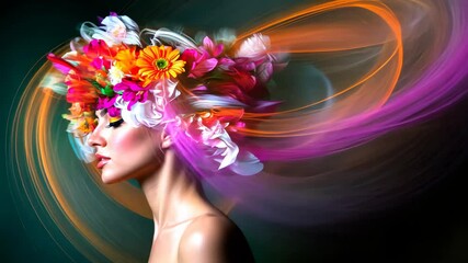 Vivid floral headpiece and dynamic light trails around serene woman - Powered by Adobe