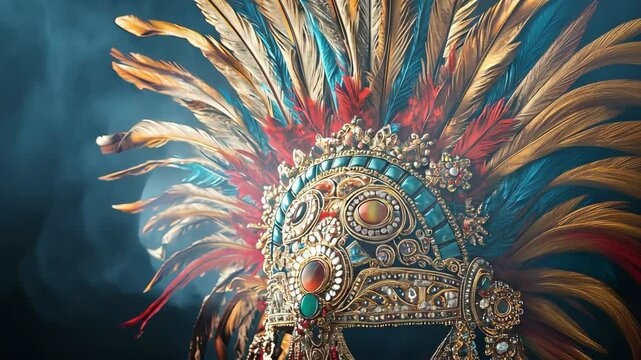 Vibrant aztec feathered headdress with intricate gemstone patterns on display