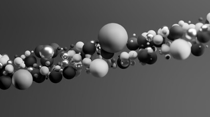 Different size spheres/balls floating along a path in black and white create a thoughtful and dynamic tone.