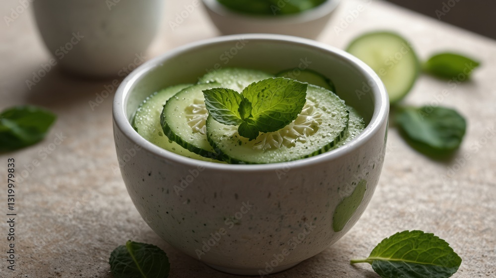 Poster refreshing cucumber slices and mint leaves in a simple bowl, a light and hydrating combination.