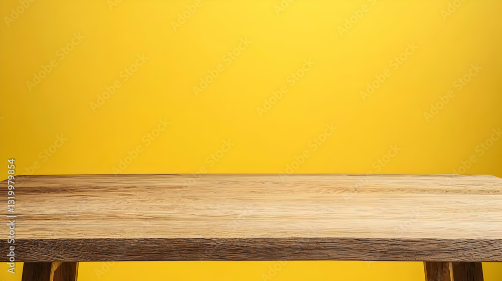 Poster rustic wooden table with visible grain texture against vibrant yellow backdrop empty space for produ