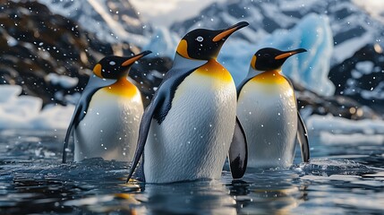 Fototapeta premium Snowy wildlife king penguins landscape high resolution hd photo