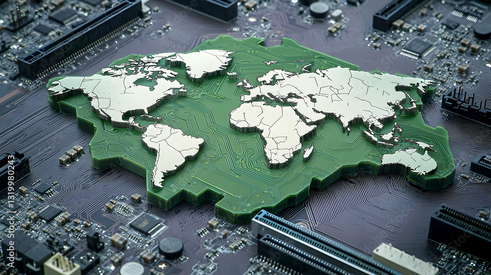 Poster green world map outline over computer circuit board representing global technology network