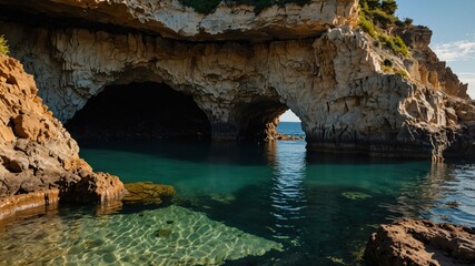 Fototapeta premium Coastal Caves: Sunlit rock formations shelter crystal waters. Tranquil turquoise sea contrasts with rugged cliffs.