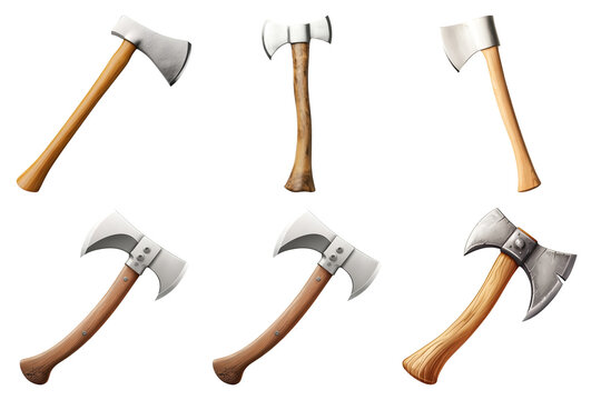 Collection of Sharp Axes with Wooden Handles  A Variety of Designs for Chopping