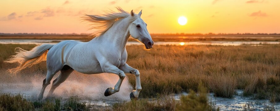 A majestic white horse gallops across a field during a sunset