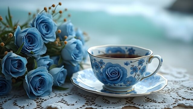 Blue and white teacup on lace at seashore