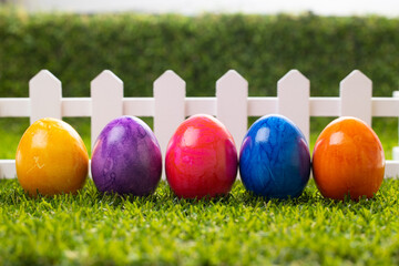 Multicolored Easter eggs stand in a row on a green lawn