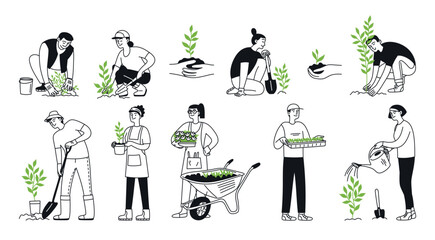 Set of people working in the garden, planting plants, taking care of plants, flowers and trees. Gardening, farm, park. Eco team. Vector doodle illustration