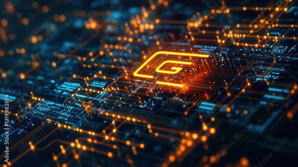 Aufkleber 5g wireless network symbol integrating with advanced telecommunication circuit board in a high tech environment