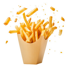French fries exploding from cardboard container with transparent background