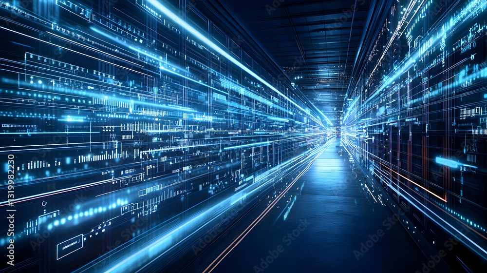Poster futuristic data center corridor with blue glowing data streams and dark concrete floor in perspectiv
