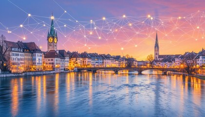 Obraz premium A picturesque riverside view at sunset, featuring historic buildings, a bridge, and a network of lights creating a magical atmosphere.