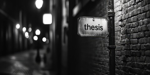 Vintage street sign with the word 'Thesis' illuminated by street lamps on a brick wall in a narrow alleyway at night, creating a mysterious and timeless scene.
