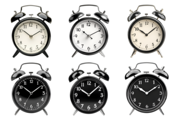 Six Classic Black Alarm Clocks Showing Different Times A Timeless Collection of Timepieces