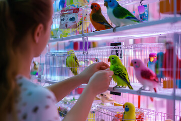 Female shopper with small cage selecting toys from pet shop display rack