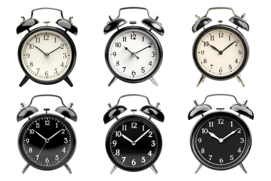 Six Classic Black Alarm Clocks Showing Different Times A Timeless Collection of Timepieces