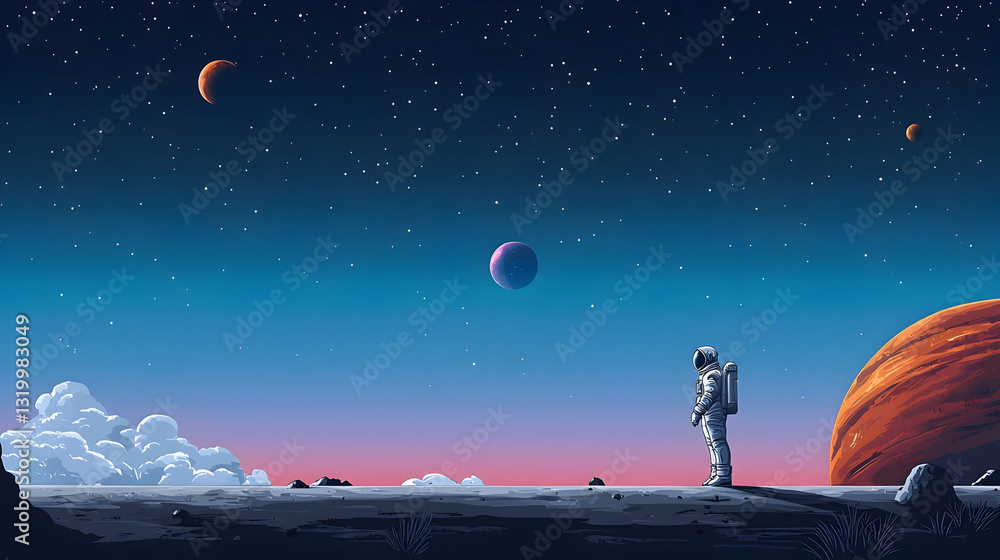 Poster pixel art astronaut exploring alien planet with colorful planets and stars in a retro digital art st