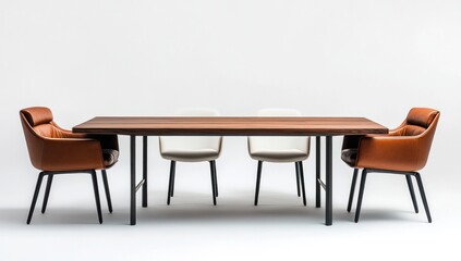 Modern wooden dining table with four upholstered chairs.