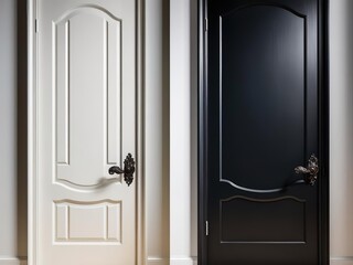 White and black closed doors next to each other in a white wall, interior, there is always a choice, entrance to a happy new life, social business banner
changes, solution