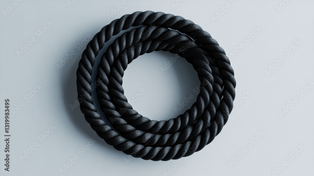 Poster Black jump rope coiled neatly on a smooth grey surface showcasing a minimalist design and ample negative space for visual clarity