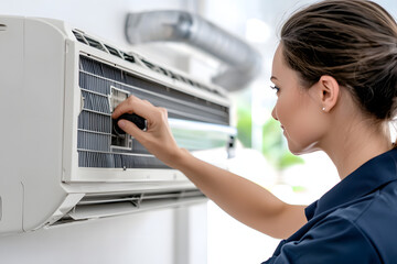 Female technician in uniform checking refrigerant levels in wall AC unit, modern minimalist room