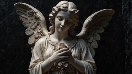 Marble Angel Statue holding a rose with wings spread, against a dark background evoking serenity and beauty.