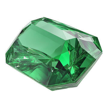 Large emerald green gemstone shining on transparent background