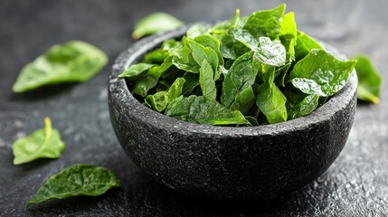 Bowl filled with fresh, green leafy herbs. Dark surface, detailed stone texture