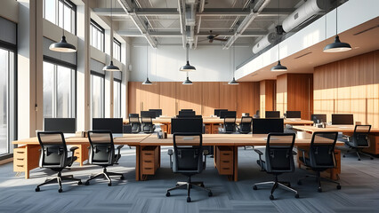 Modern conference room with table chairs and large windows