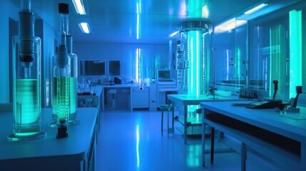 Naklejka premium Modern sterile lab interior with equipment and glowing tubes.