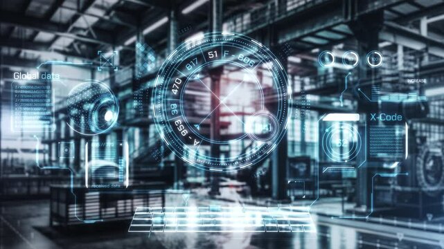 Futuristic interface displaying data in a warehouse setting