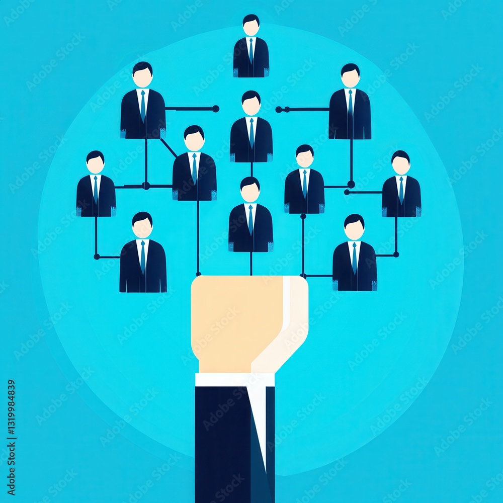 Poster conceptual graphic of business network and connection with hand symbolizing leadership and teamwork 