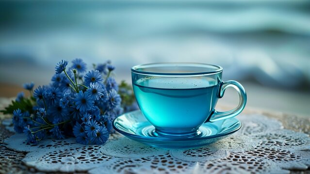 Blue glass teacup on lace at seashore