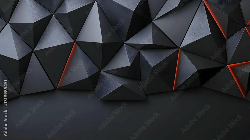 Poster abstract 3d geometric background with black triangular polygons and orange accents on a dark texture