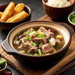 Traditional Malaysian Bak Kut Teh in a Clay Pot with Herbal Broth