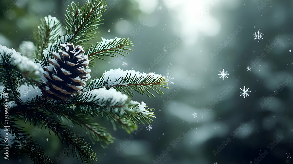 Poster close up of snowy pine branch with cone during gentle snowfall in winter forest with dreamlike bokeh