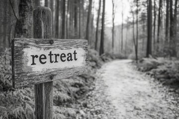 Wooden Signpost Indicating a Retreat Pathway in a Tranquil Forested Landscape Surrounded by Tall Trees and Lush Greenery in a Serene Natural Setting