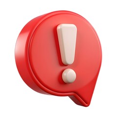 3D render of an exclamation mark inside a red speech bubble on a white background with a minimalist design