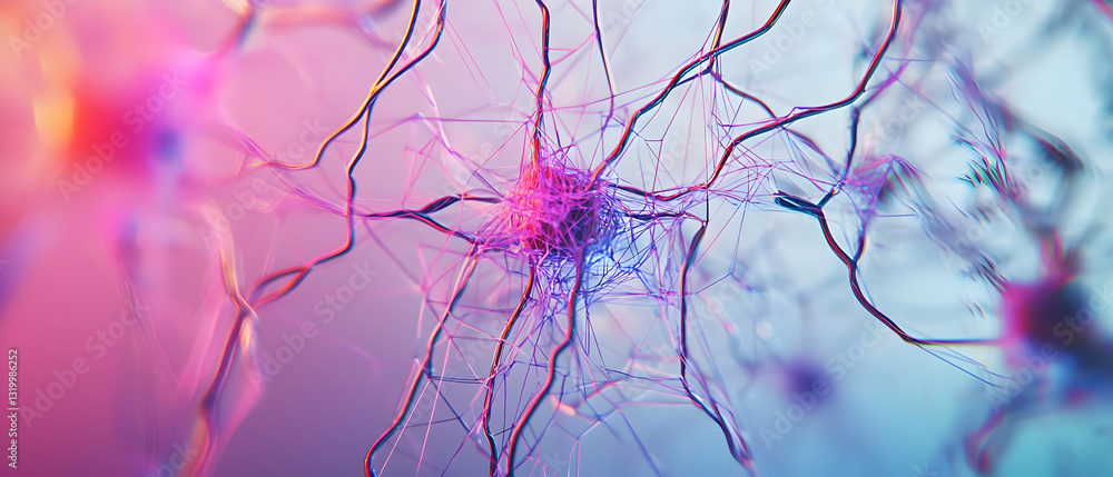 Poster a 3d render of a pink and blue neural network with intricate connections on a gradient background