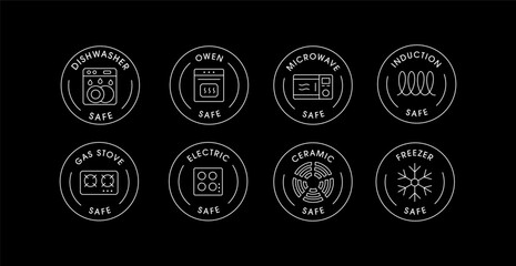 Kitchen Appliance Safety Icons Set: Dishwasher, Oven, Microwave, Induction, Gas Stove, Electric, Ceramic, Freezer Safe Labels. Editable Stroke.