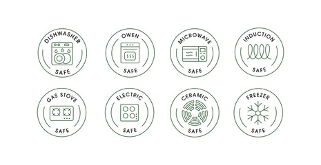 Kitchen Appliance Safety Icons Set: Dishwasher, Oven, Microwave, Induction, Gas Stove, Electric, Ceramic, Freezer Safe Labels. Editable Stroke.