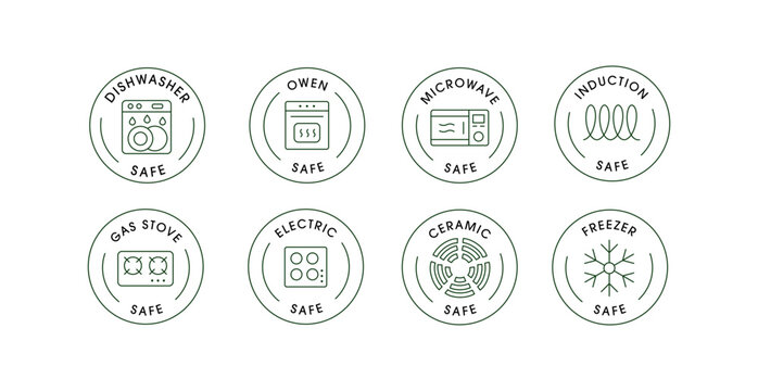 Kitchen Appliance Safety Icons Set: Dishwasher, Oven, Microwave, Induction, Gas Stove, Electric, Ceramic, Freezer Safe Labels. Editable Stroke.