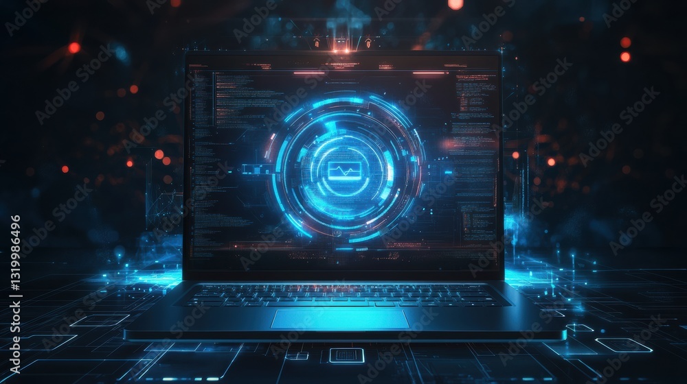 Leinwandbilder cyber security concept with futuristic laptop displaying advanced security features in a digital lan