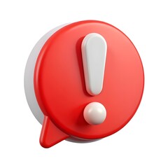 3D render of an exclamation mark inside a red speech bubble on a white background with a minimalist design