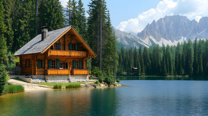 Obraz premium A breathtaking alpine landscape featuring a tranquil mountain lake, a cozy wooden cabin, and lush green pine trees