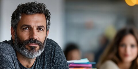 Focus On Man With Brown Hair And Salt and Pepper Beard Capturing People In Their Natural Environment With Woman Behind Camera Portraits Highlighting Hair And Expression