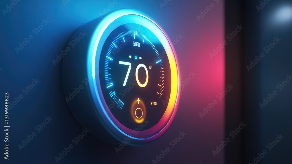 Poster smart thermostat displaying 70 degrees in neon colors