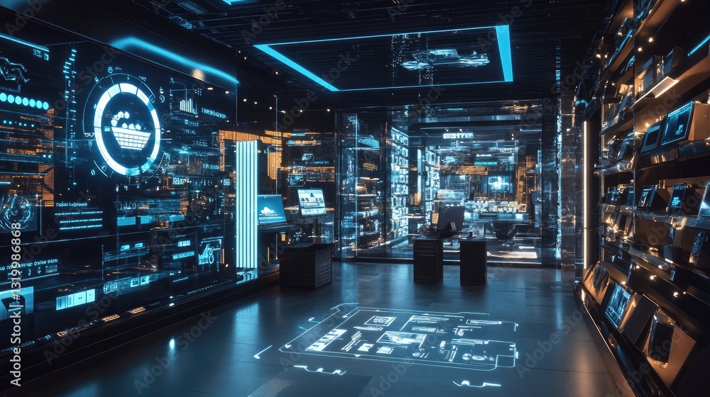 Poster futuristic tech control room , glimpse into advanced digital interfaces and data visualization