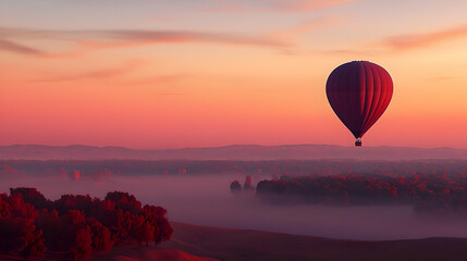 A Solitary Hot Air Balloon Soaring Above a Misty Valley at Sunrise